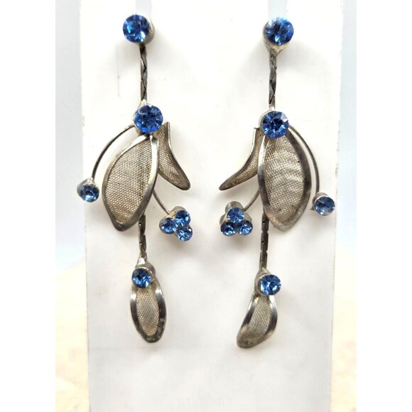 Vintage Silver Dangle Earrings With Blue Rhinestones & Mesh Leaf Design - Picture 1 of 1